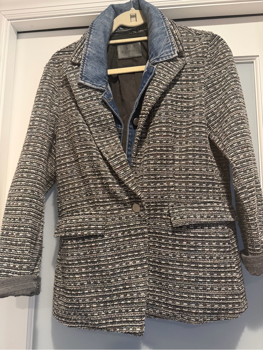 Tweed Blazer with Denim-Trim Collar - Gray/Black